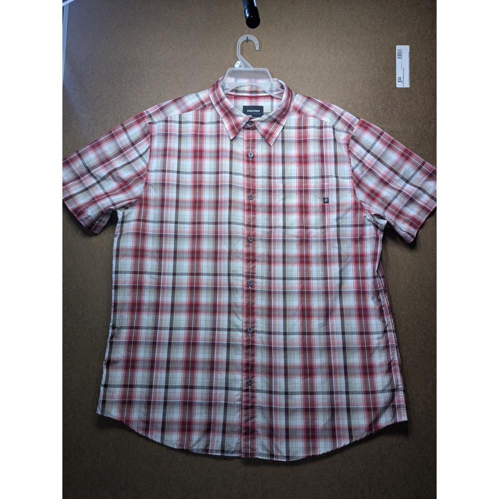 Marmot Mens XL Short Sleeve Button Down Shirt Red Plaid Hiking Outdoor Casual